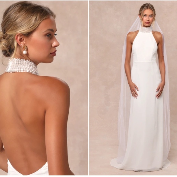 LULU's Sexy Elegant Bridal White Pearls Backless High Neck Mermaid Trumpet Gown - Picture 1 of 5